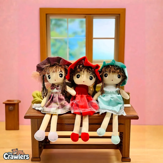 The Crawlers™ Set of 3 Dolls – 14 Inch Cute Plush Dolls in Colorful Dresses & Hats for Kids & Gifting